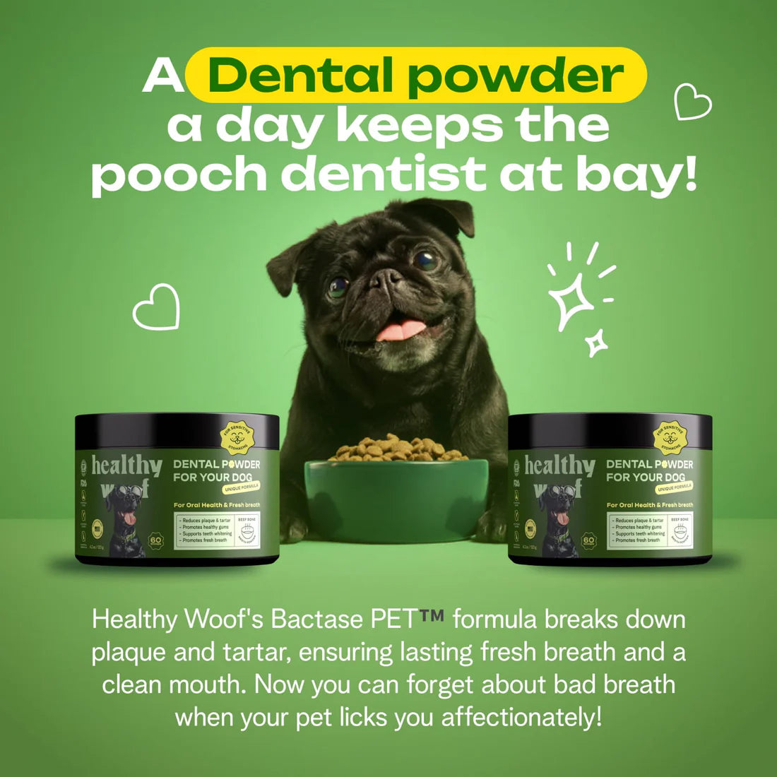 Dog with a bowl of food and dental powder containers on a green background, promoting a pet dental care product.