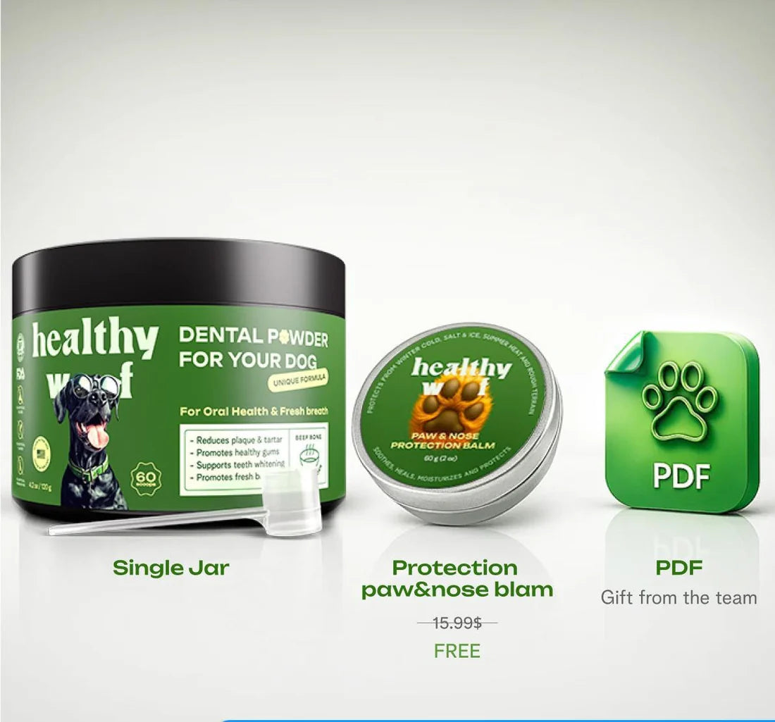 Dog care products including a dental powder jar, balm, and PDF on a white background