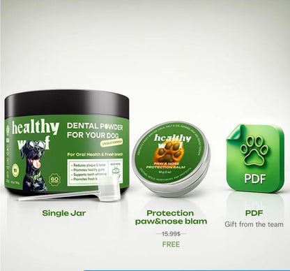Dog care products including a dental powder jar, balm, and PDF on a white background