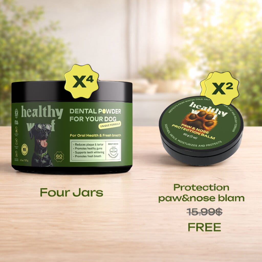 Two jars of 'Healthy World' pet care products on a wooden surface with a blurred natural background.